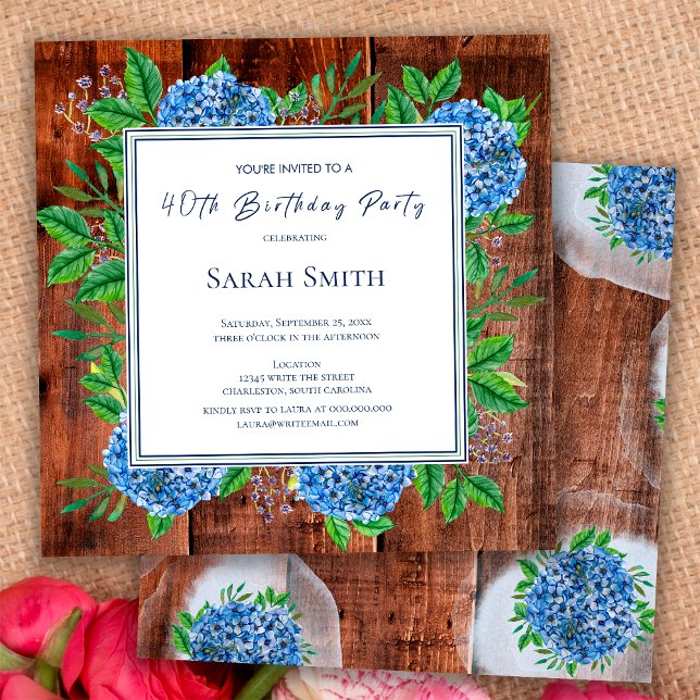 Blue Hydrangeas Rustic Wood 40th Birthday Party Invitation (Creator Uploaded)