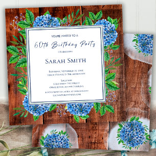 Blue Hydrangeas Rustic Wood 60th Birthday Party  Invitation