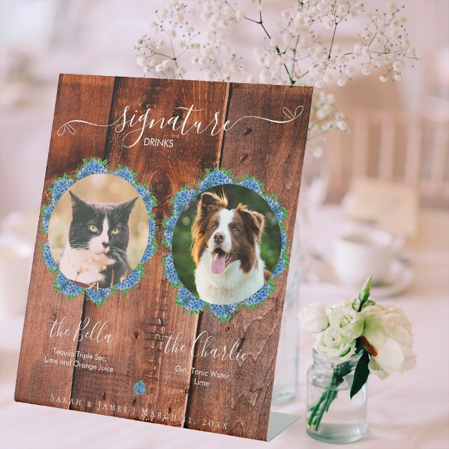 Blue Hydrangeas Rustic Wood Signature Pet Drink Pedestal Sign (Creator Uploaded)