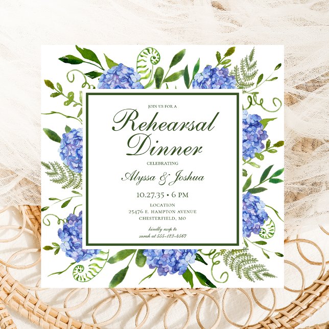 Blue Hydrangeas Script Photo Rehearsal Dinner Invitation (Creator Uploaded)