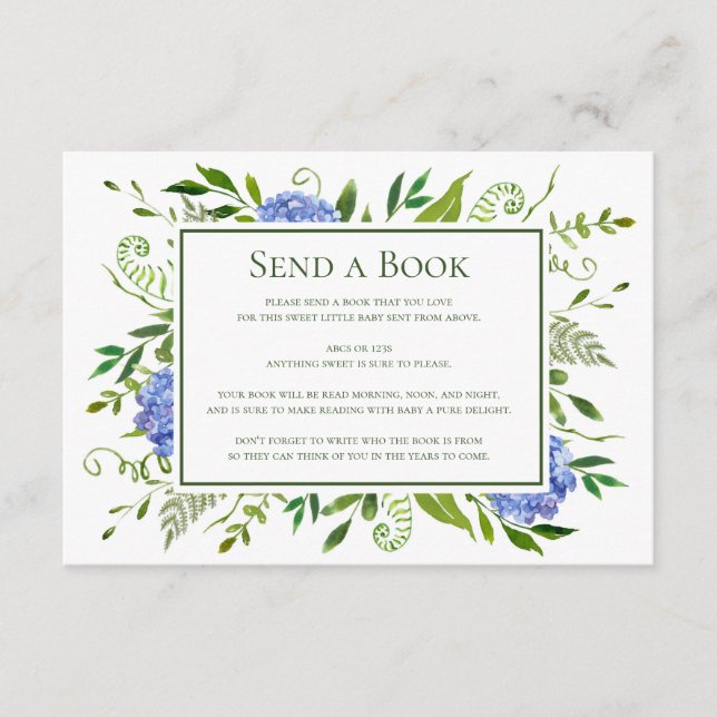 Blue Hydrangeas Send a Book Virtual Baby Shower Enclosure Card (Front)