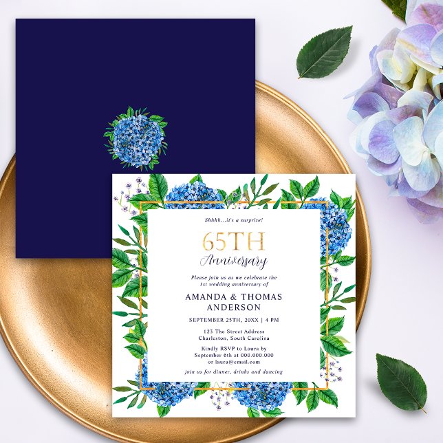Blue Hydrangeas Surprise 65th Wedding Anniversary Invitation (Creator Uploaded)