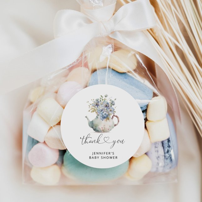 Blue Hydrangeas teapot baby shower Classic Round Sticker (Creator Uploaded)