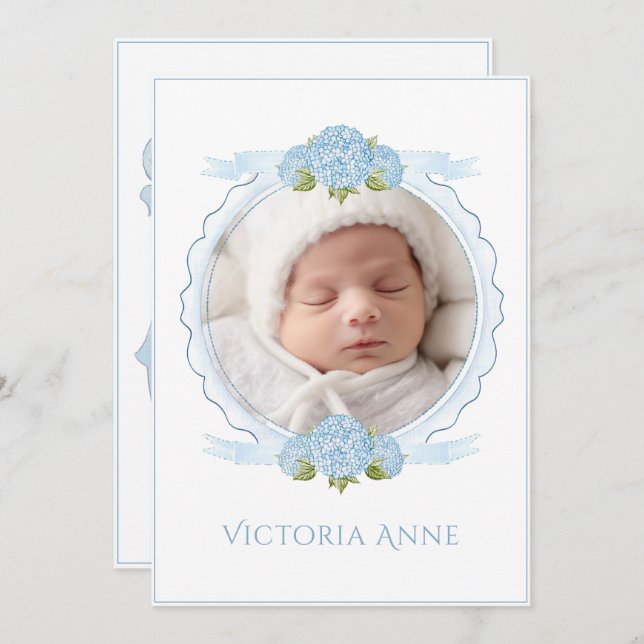 Blue Hydrangeas Vintage Birth Announcement (Front/Back)