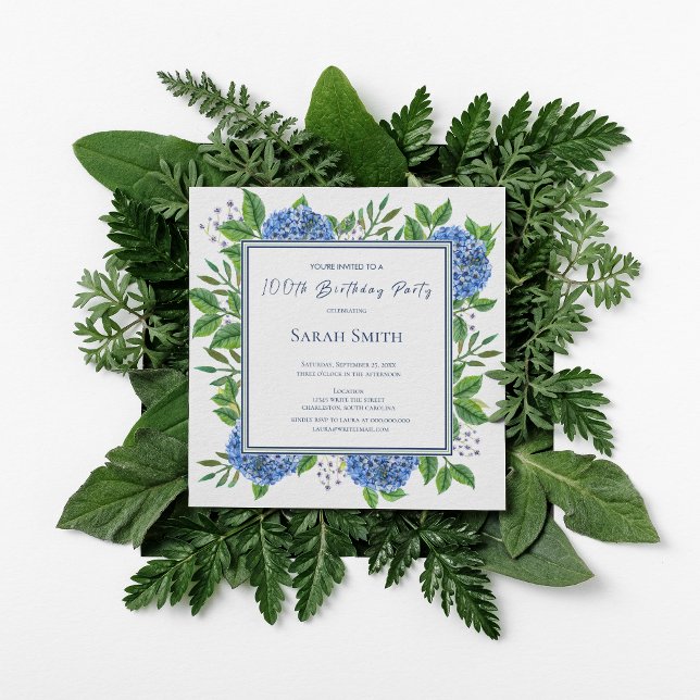 Blue Hydrangeas Watercolor 100th Birthday Party Invitation (Creator Uploaded)