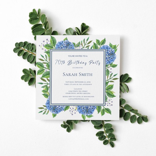 Blue Hydrangeas Watercolor 70th Birthday Party Invitation (Creator Uploaded)