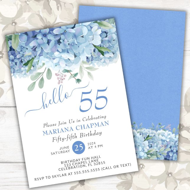 Blue Hydrangeas Watercolor Floral 55th Birthday Invitation (Creator Uploaded)