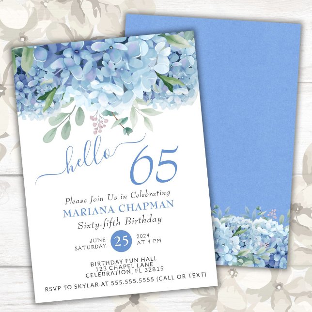 Blue Hydrangeas Watercolor Floral 65th Birthday Invitation (Creator Uploaded)