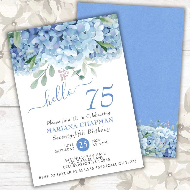 Blue Hydrangeas Watercolor Floral 75th Birthday Invitation (Creator Uploaded)