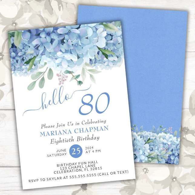 Blue Hydrangeas Watercolor Floral 80th Birthday Invitation (Creator Uploaded)