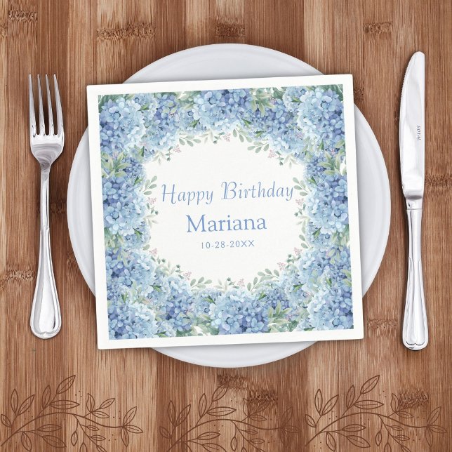 Blue Hydrangeas Watercolor Floral Birthday Napkin (Creator Uploaded)
