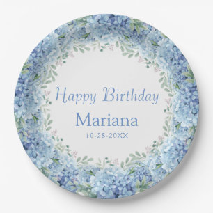 Blue Hydrangeas Watercolor Floral Birthday Paper Plate