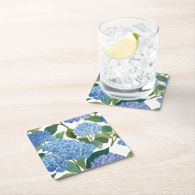 Blue Hydrangeas Watercolor Floral Square Paper Coaster (Insitu)