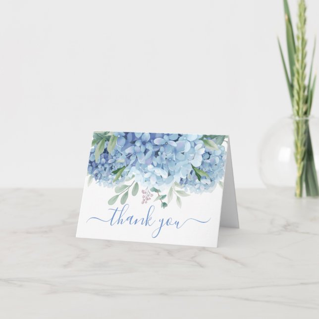 Blue Hydrangeas Watercolor Floral Thank You Card (Front)