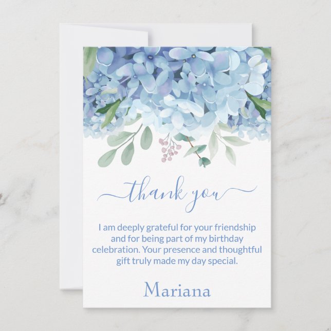 Blue Hydrangeas Watercolor Floral Thank You Card (Front)