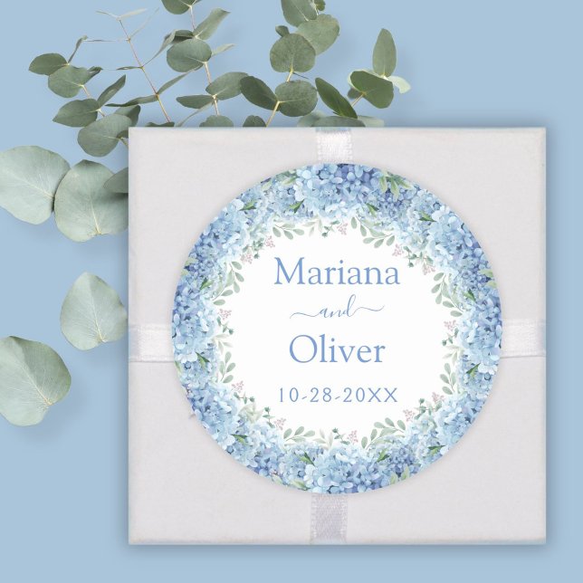 Blue Hydrangeas Watercolor Floral Wedding Classic Round Sticker (Creator Uploaded)