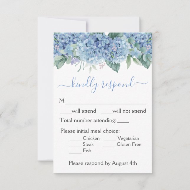 Blue Hydrangeas Watercolor Floral Wedding RSVP Card (Front)
