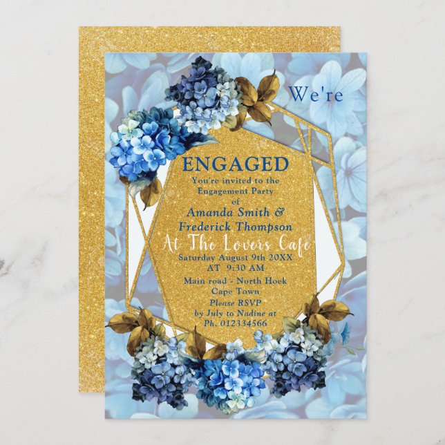 Blue Hydrangeas Watercolor Flowers Engagement Invitation (Front/Back)