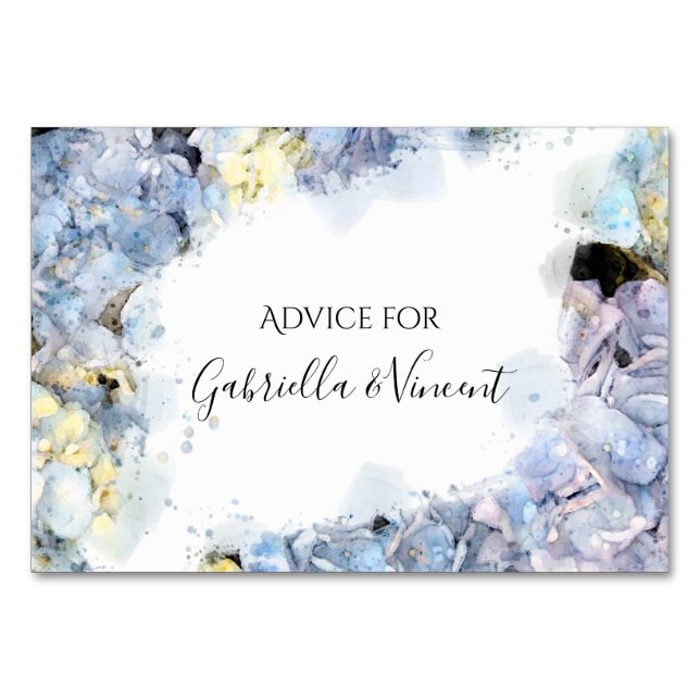 Blue Hydrangeas Watercolor Wedding Advice Cards (Front)