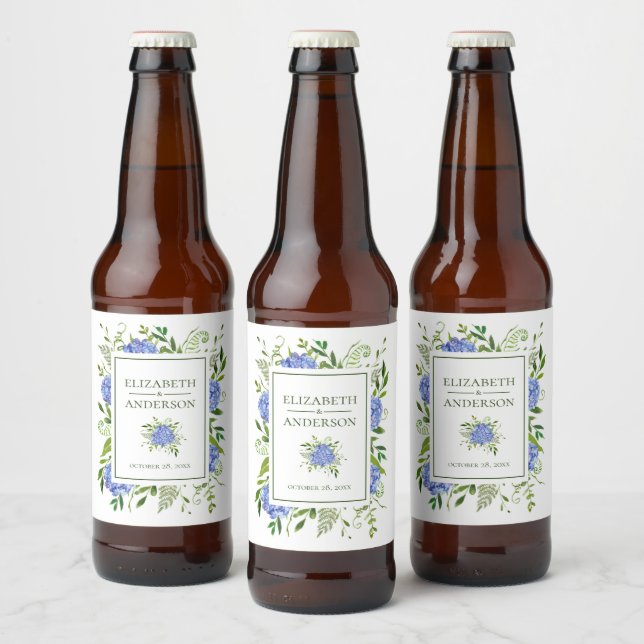 Blue Hydrangeas Watercolor Wedding Beer Bottle Label (Bottles)