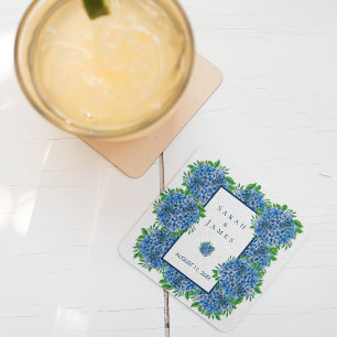 Blue Hydrangeas Watercolor Wedding Favour Square Paper Coaster