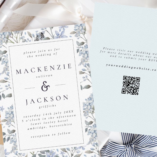 Blue Hydrangeas Watercolor Wedding QR Code Invitation (Creator Uploaded)