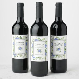 Blue Hydrangeas Watercolor Wedding Wine Label