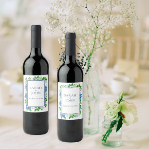 Blue Hydrangeas Watercolor Wedding Wine Label