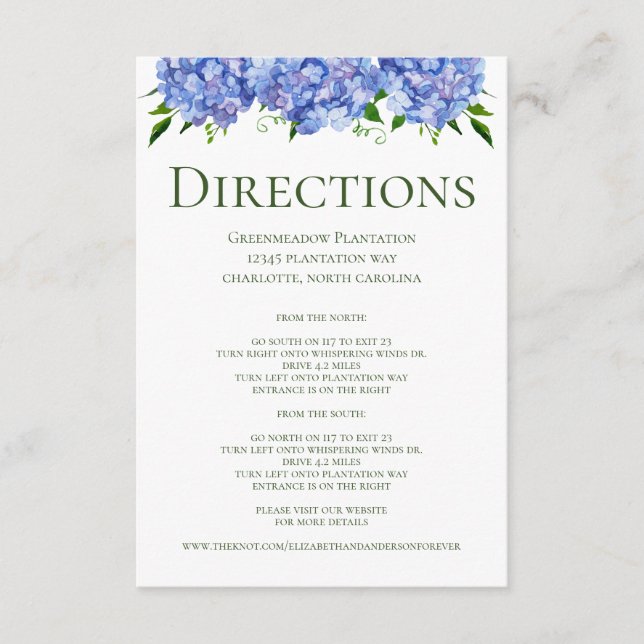 Blue Hydrangeas Wedding Directions Enclosure Card (Front)