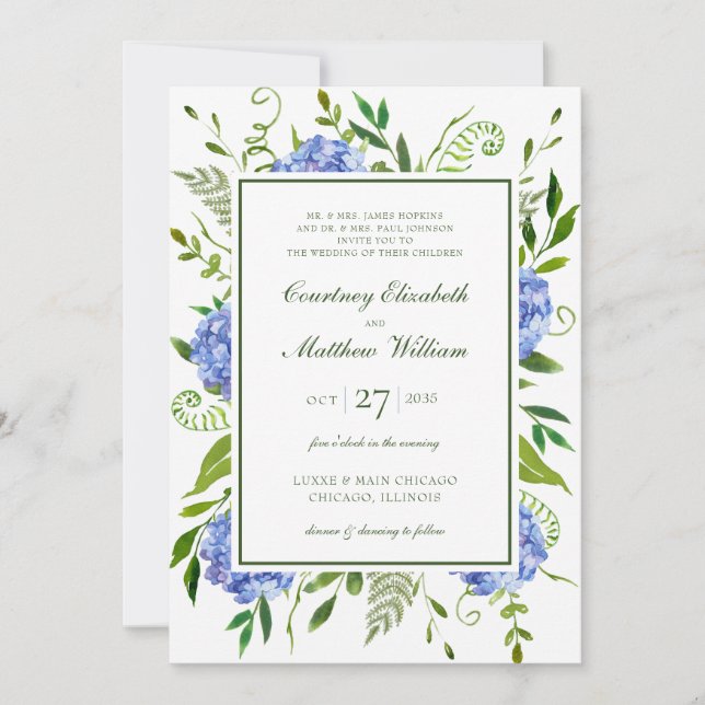 Blue Hydrangeas Wedding Invitation (Front)