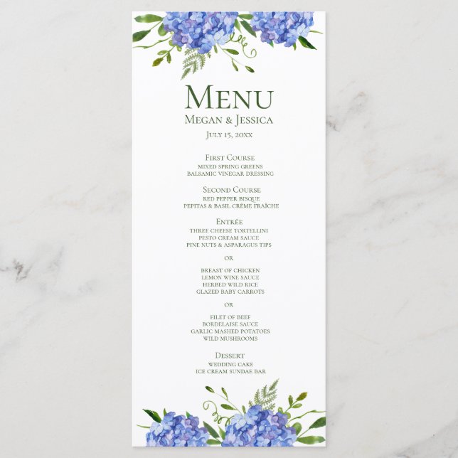 Blue Hydrangeas Wedding Menu (Front)