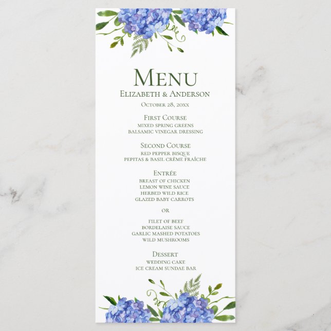 Blue Hydrangeas Wedding Menu (Front)