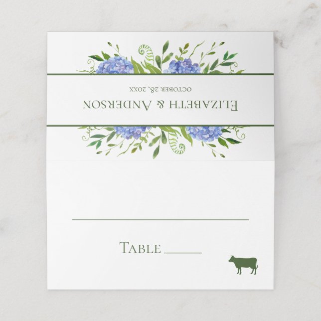 Blue Hydrangeas Wedding Place Card (Outside Unfolded)