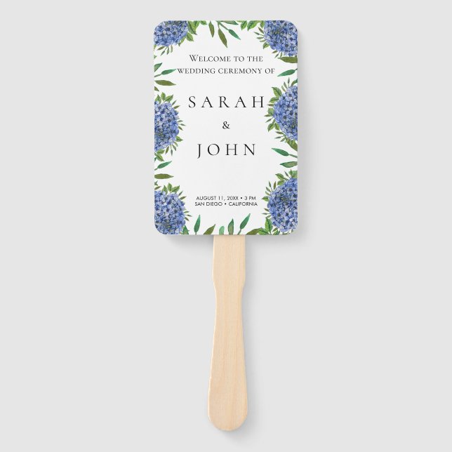 Blue Hydrangeas Wedding Program Hand Fan (Front)