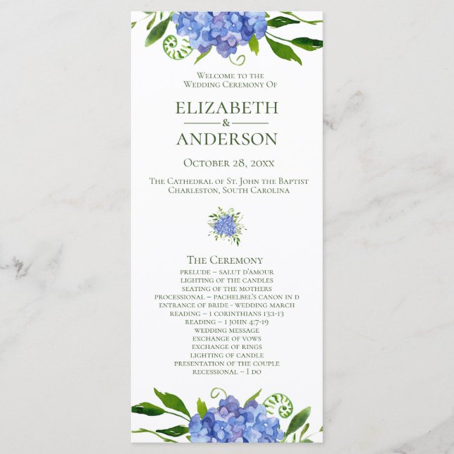 Blue Hydrangeas Wedding Program Programme (Front)