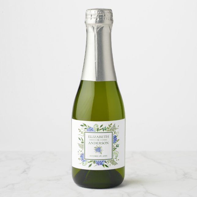 Blue Hydrangeas Wedding Sparkling Wine Label (Front)