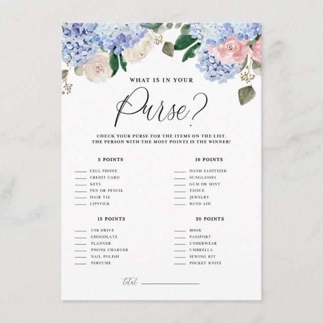 Blue Hydrangeas What's In Your Purse Game Card (Front)