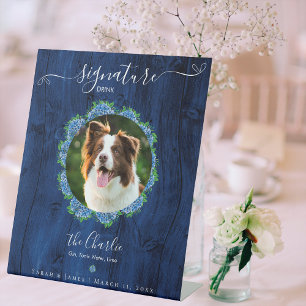 Blue Hydrangeas Wood 1 Photo Signature Pet Drink Pedestal Sign