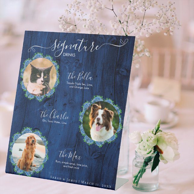 Blue Hydrangeas Wood 3 Photo Signature Pet Drink Pedestal Sign (Creator Uploaded)