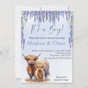 Blue Hyrdrangeas Highland cow baby shower Invitation