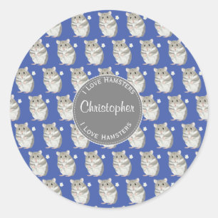Blue I love Hamsters Grey Hamster Pattern  Classic Round Sticker