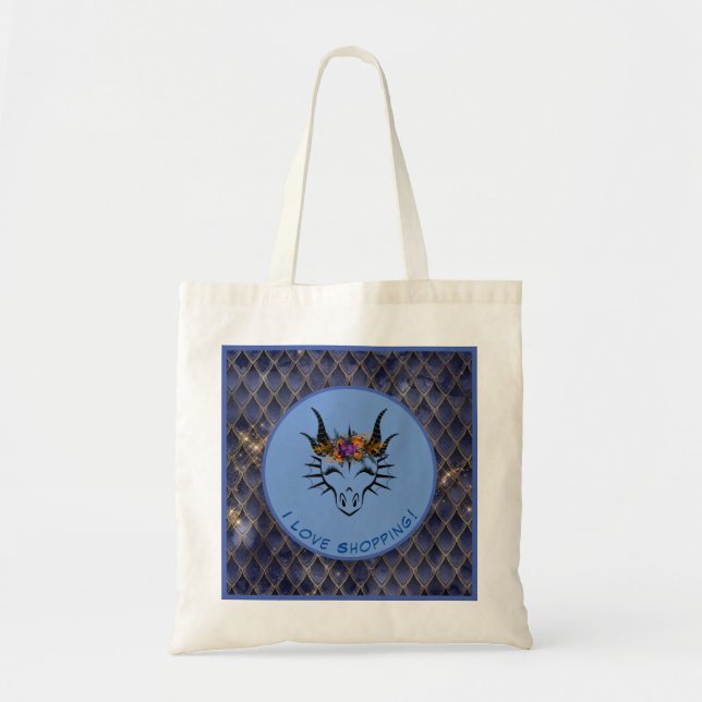 Blue I Love Shopping Dragon Head & Scales Tote Bag (Front)