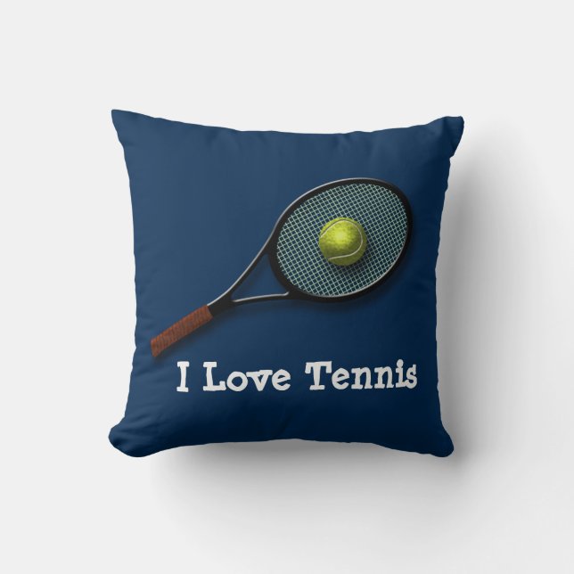 Blue "I Love Tennis" Throw Pillow with Racket (Front)