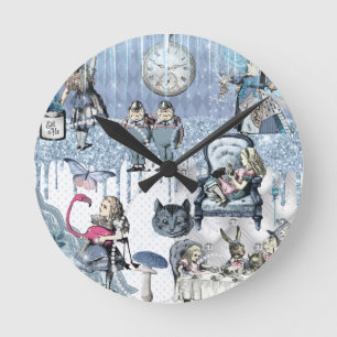 Blue Ice Alice in Wonderland Glitter Round Clock