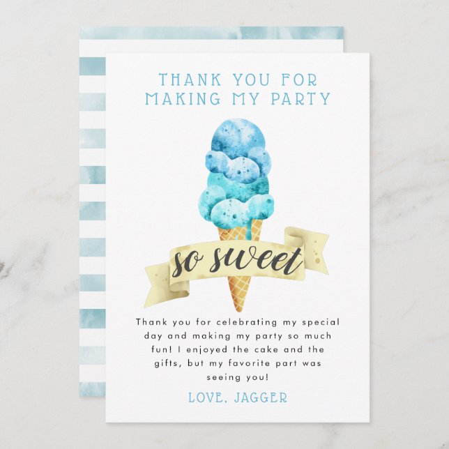 Blue Ice Cream Boy Birthday Party Thank You Card (Front/Back)