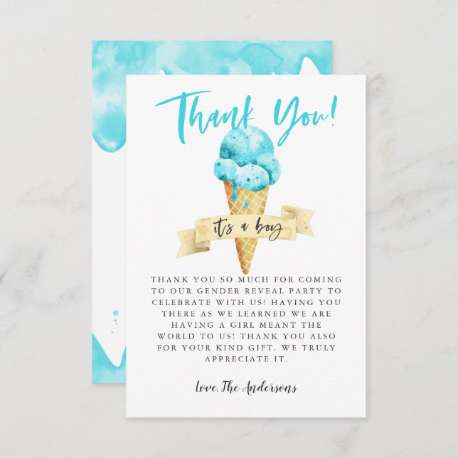 Blue Ice Cream Boy Gender Reveal Party Thank You Card (Front/Back)