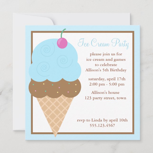 Blue Ice Cream Cone Invitation (Front)