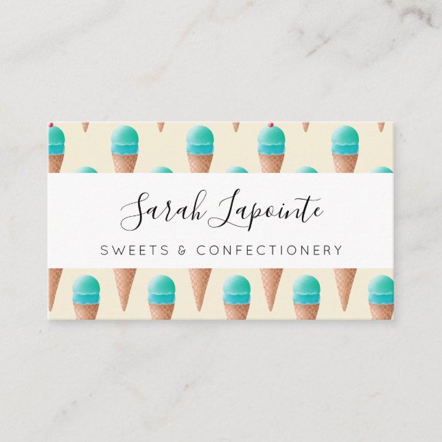 Blue Ice Cream Cone Pattern, Light Yellow Business Card (Front)