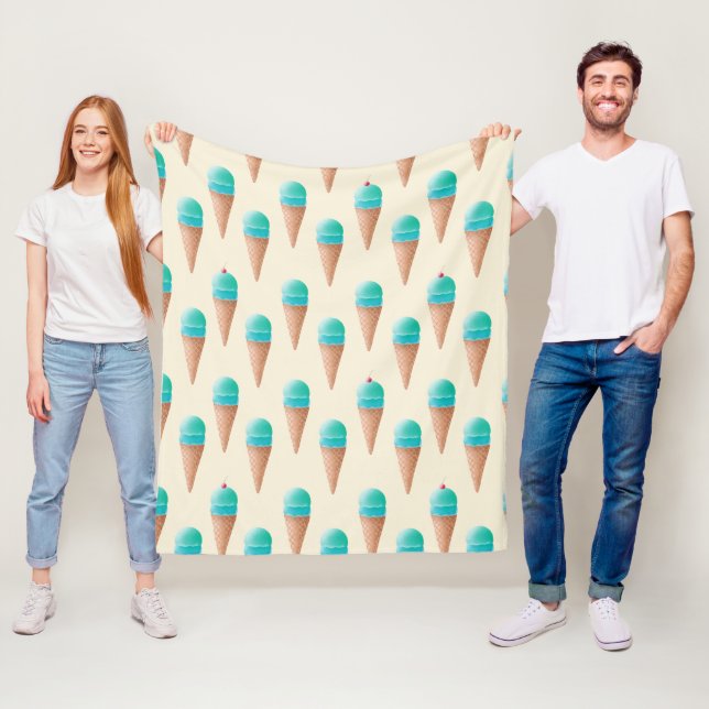 Blue Ice Cream Cone Pattern, Light Yellow Fleece Blanket (In Situ)