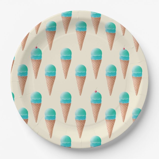 Blue Ice Cream Cone Pattern, Light Yellow Paper Plate (Front)